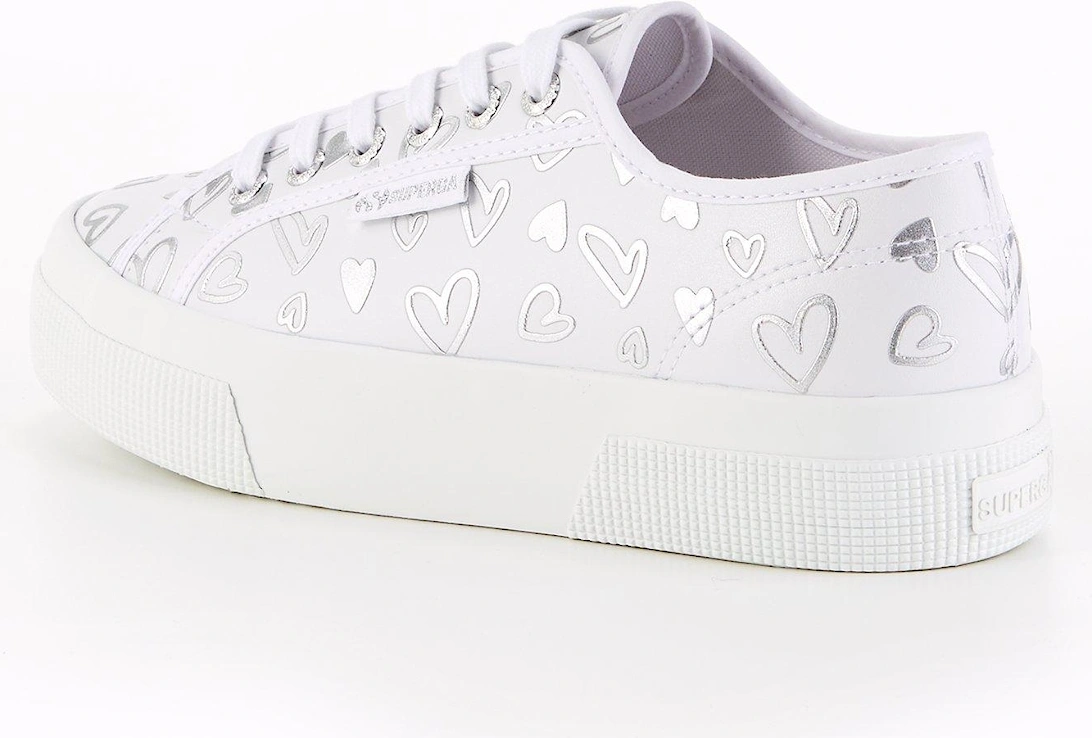 2740 Faux Leather Hearts Print Plimsoll - White Silver Hearts