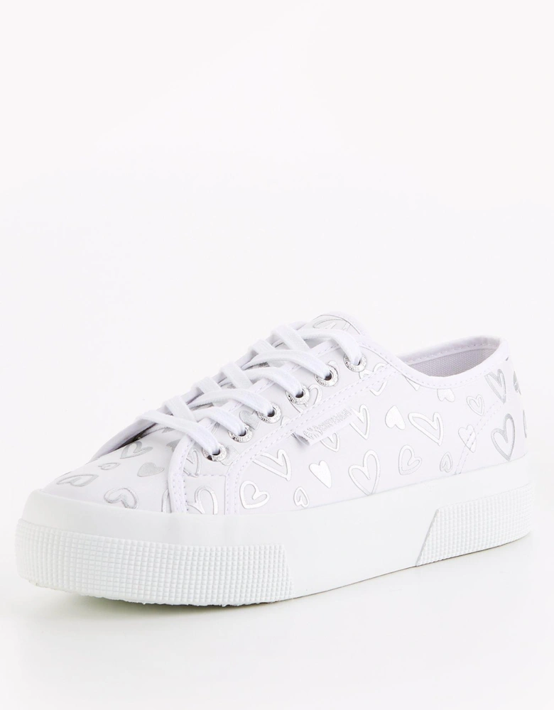 2740 Faux Leather Hearts Print Plimsoll - White Silver Hearts