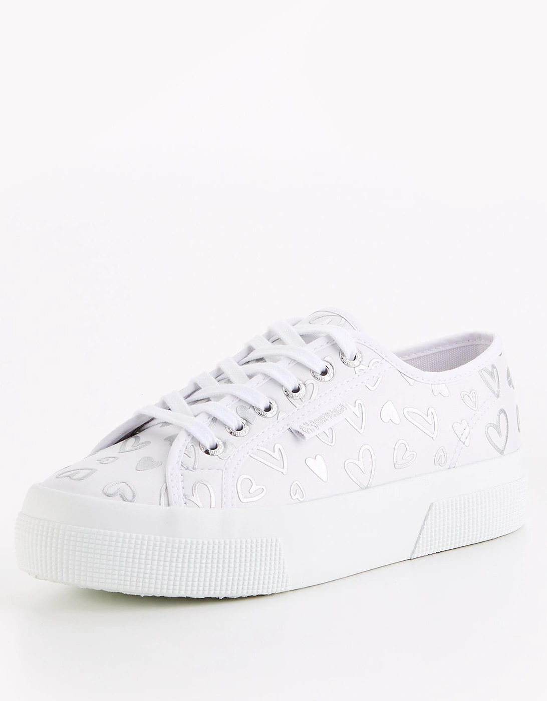 2740 Faux Leather Hearts Print Plimsoll - White Silver Hearts