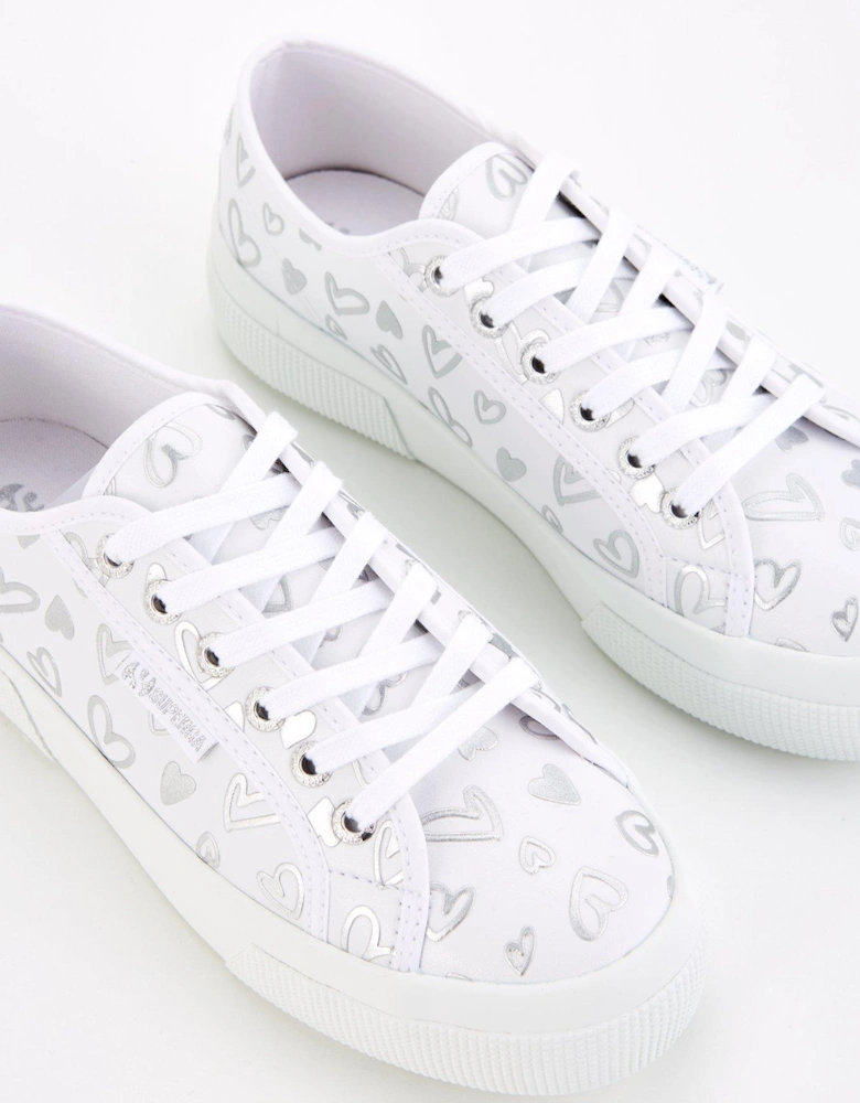 2740 Faux Leather Hearts Print Plimsoll - White Silver Hearts