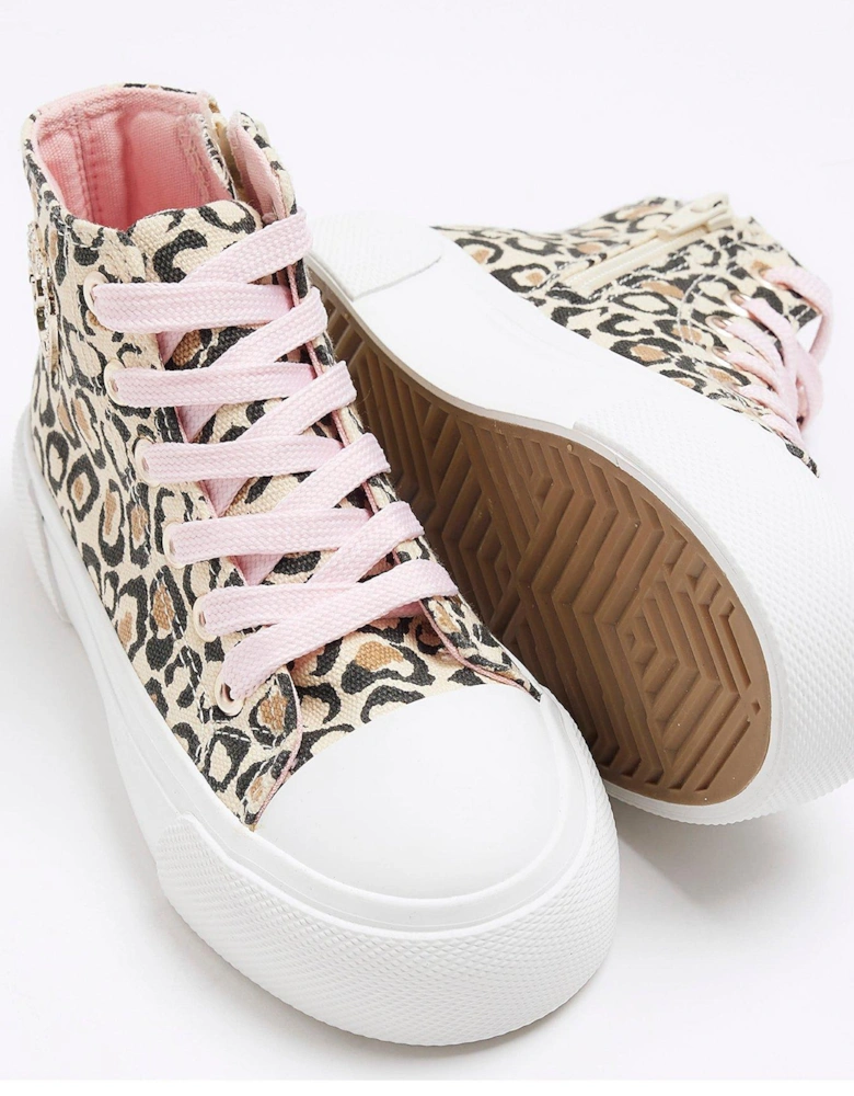 Girls Canvas Leopard Hi Top Trainers - Brown