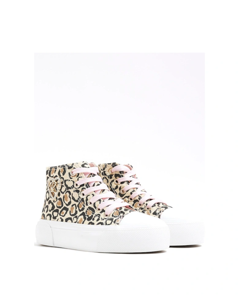 Girls Canvas Leopard Hi Top Trainers - Brown