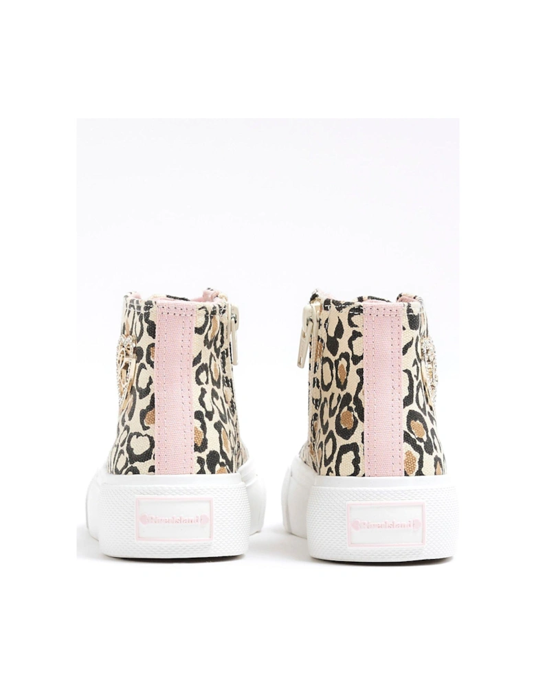 Girls Canvas Leopard Hi Top Trainers - Brown