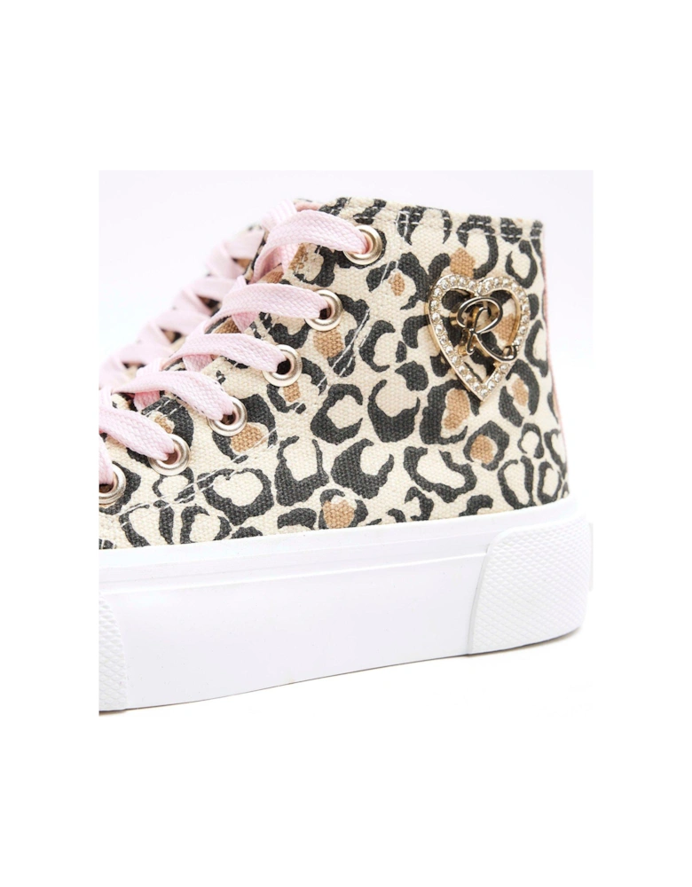 Girls Canvas Leopard Hi Top Trainers - Brown