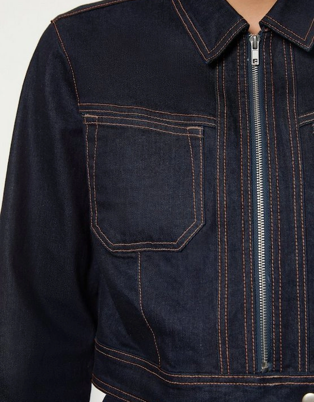 Indigo Denim Contrast Stitch Detail Zip Through Jacket