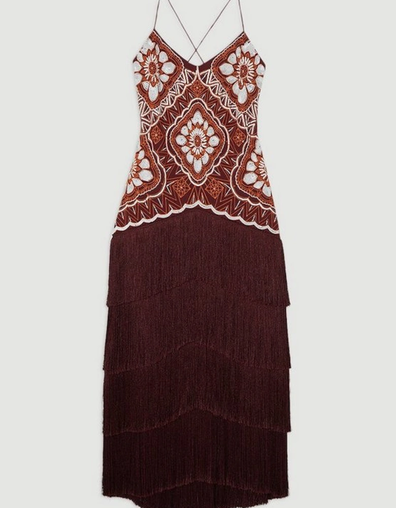 Embellished Fringe Strappy Woven Maxi Dress