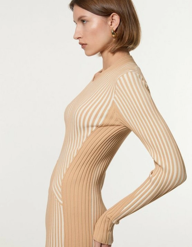 Stripe Fitted Long Sleeve Knitted Midi Dress