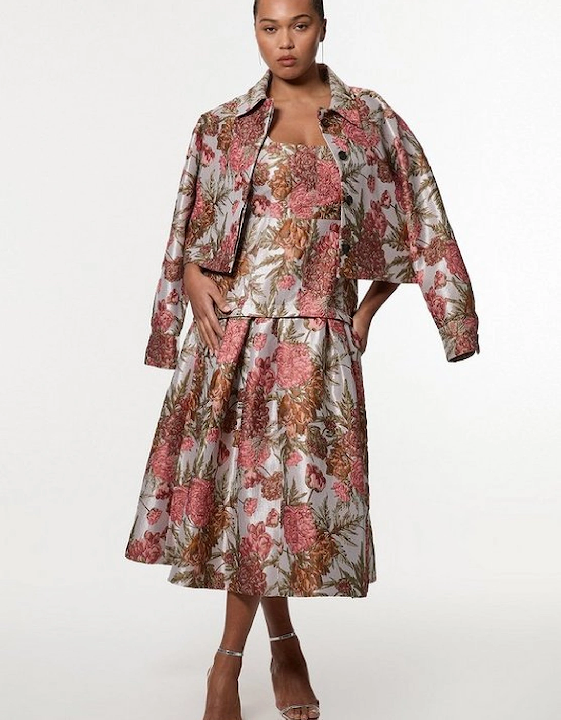 Plus Size Floral Jacquard Strappy Full Skirted Tailored Maxi Dress