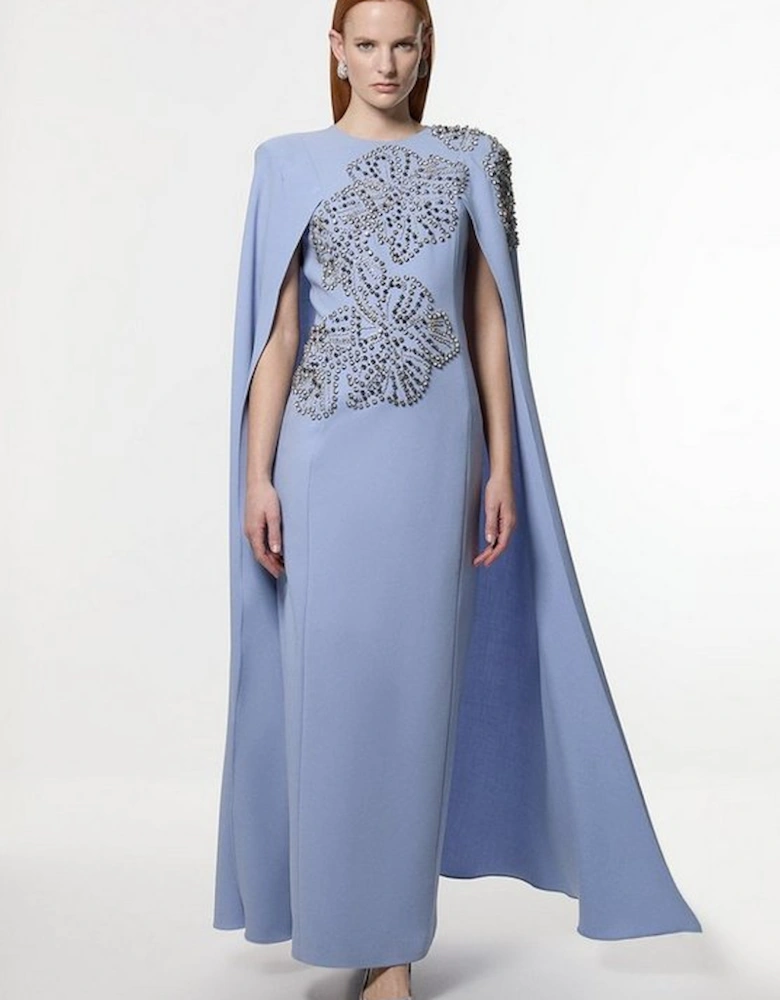 Placed Floral Crystal Embellished Tailored Drama Cape Maxi Dress