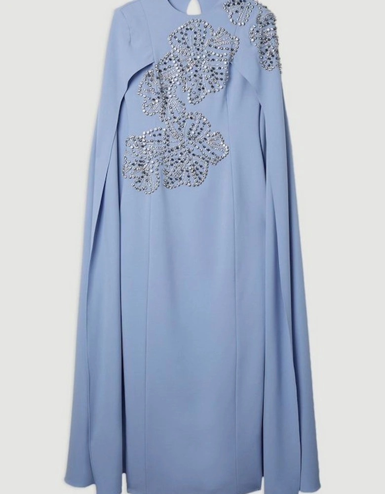 Placed Floral Crystal Embellished Tailored Drama Cape Maxi Dress