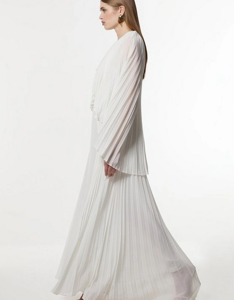 Pleated Cape Sleeve Plunge Neck Maxi Dress