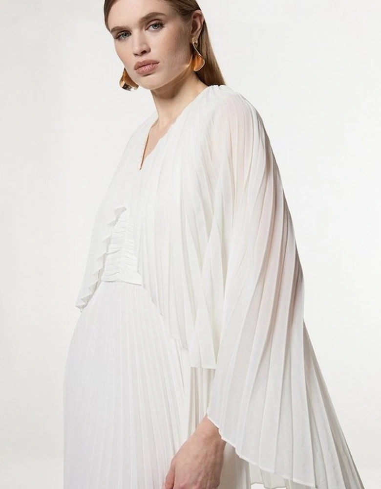 Pleated Cape Sleeve Plunge Neck Maxi Dress