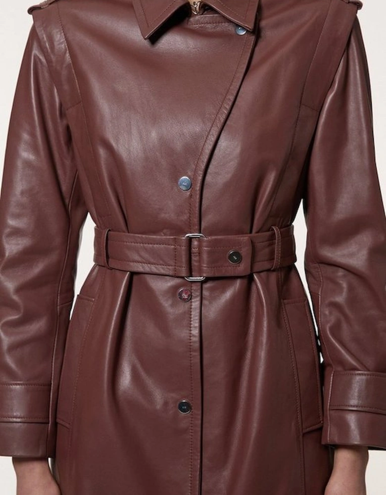 Leather Strong Shoulder Belted Midi Trench Coat