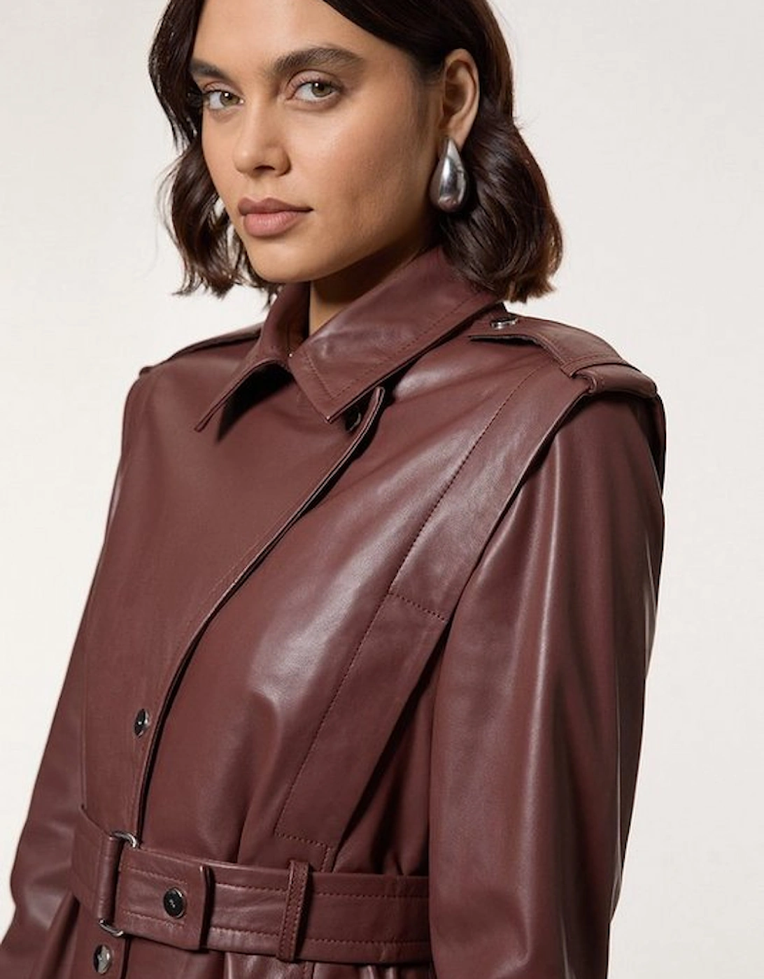 Leather Strong Shoulder Belted Midi Trench Coat