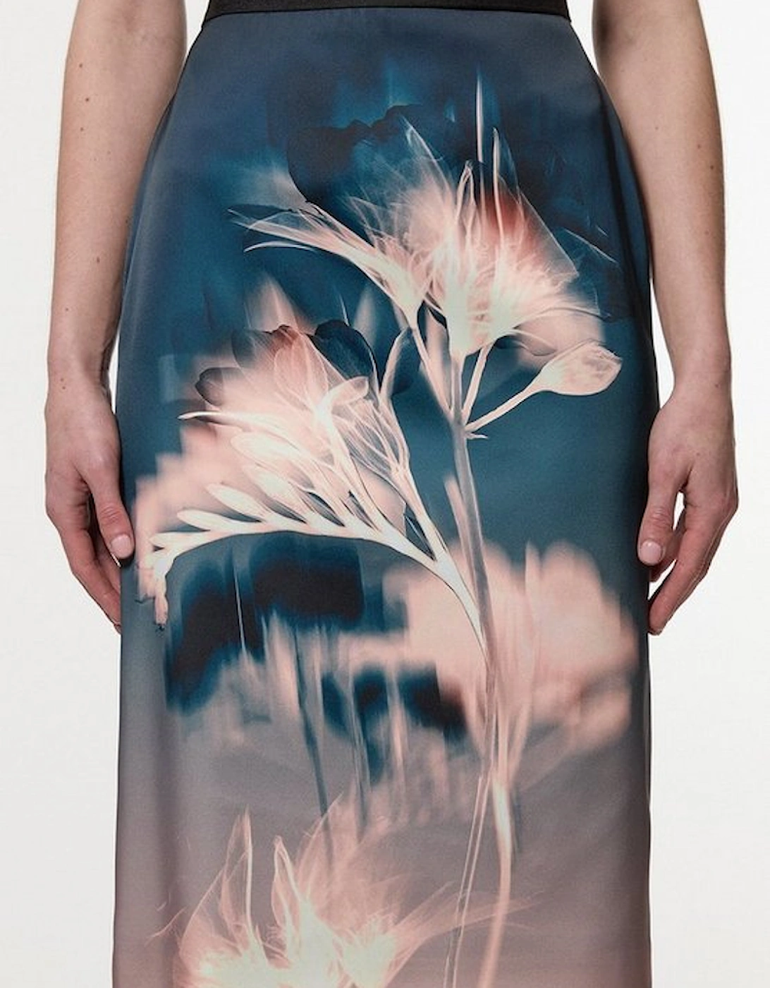 Abstract Ombre Floral Italian Structured Satin Tailored Midi Skirt