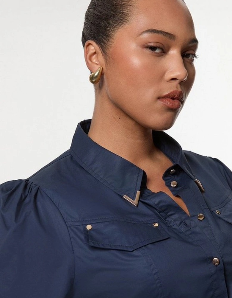 Plus Size Cotton Sateen Collar Detail Woven Shirt