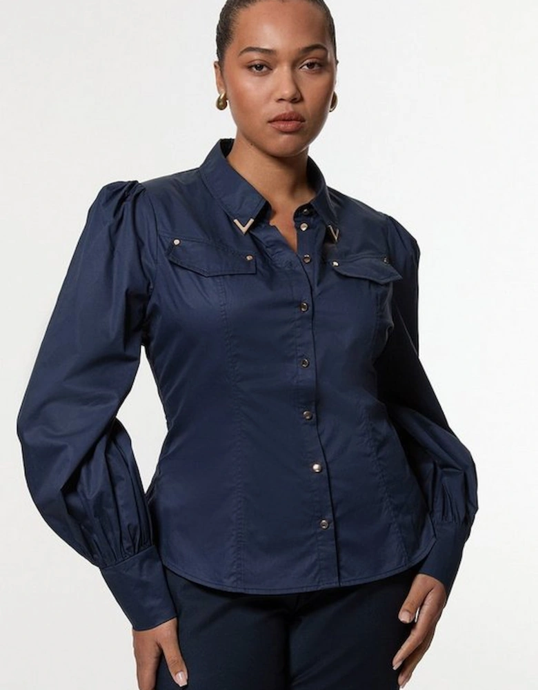 Plus Size Cotton Sateen Collar Detail Woven Shirt