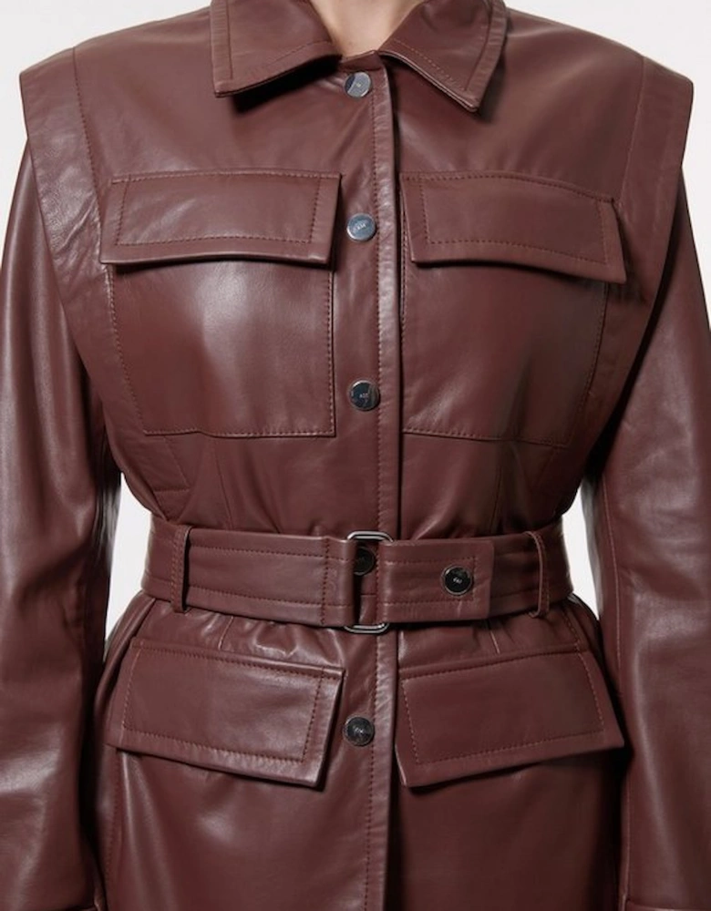 Leather Belted Shoulder Detail Tailored Jacket