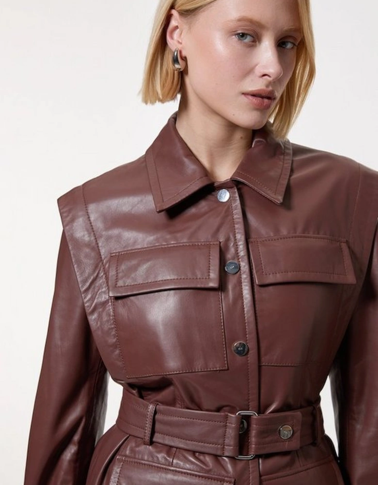 Leather Belted Shoulder Detail Tailored Jacket