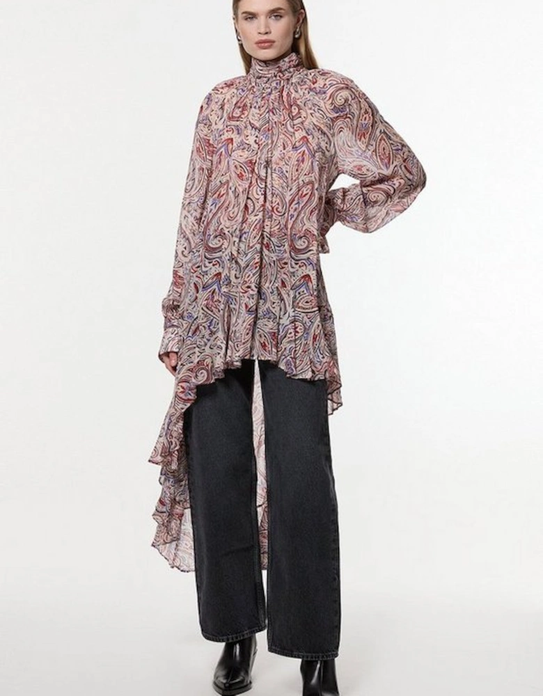 Petite Viscose Crinkle Paisley Frill Detail Tunic