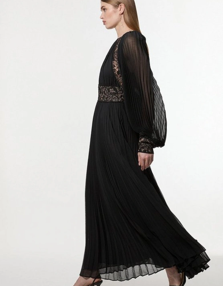 Petite Viscose Georgette Pleated Lace Panel Woven Maxi Dress