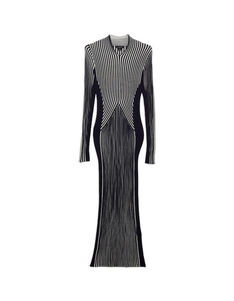 Stripe Fitted Long Sleeve Knitted Midi Dress