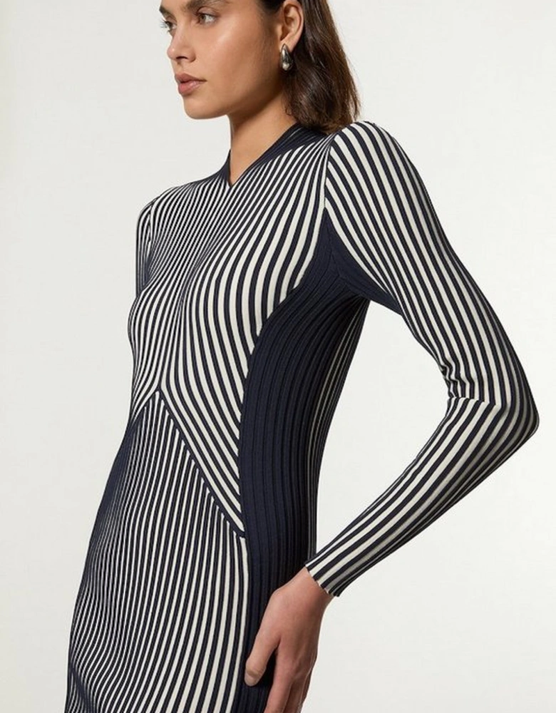 Stripe Fitted Long Sleeve Knitted Midi Dress