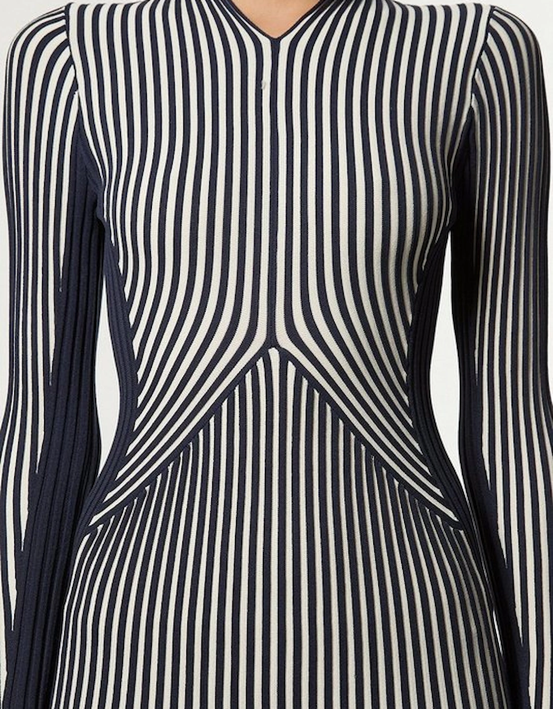 Stripe Fitted Long Sleeve Knitted Midi Dress