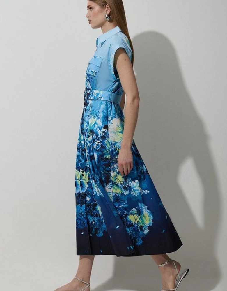 Placed Floral Cotton Sateen Sleeveless Woven Dress