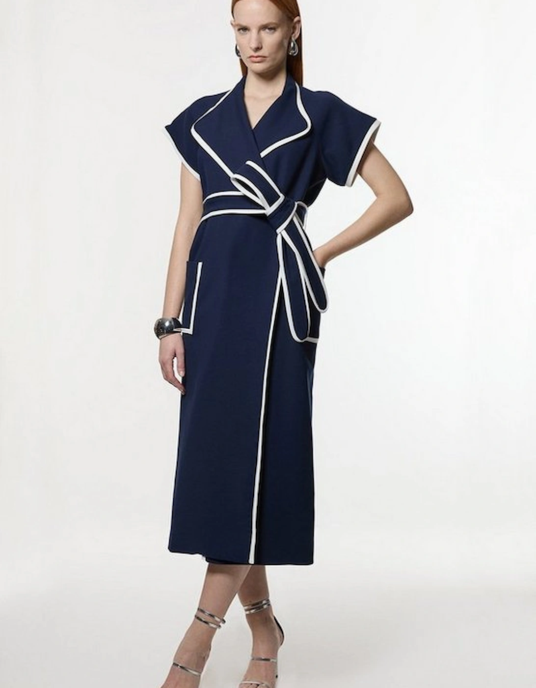 Compact Stretch Belted Tailored Tipped Midi Dress