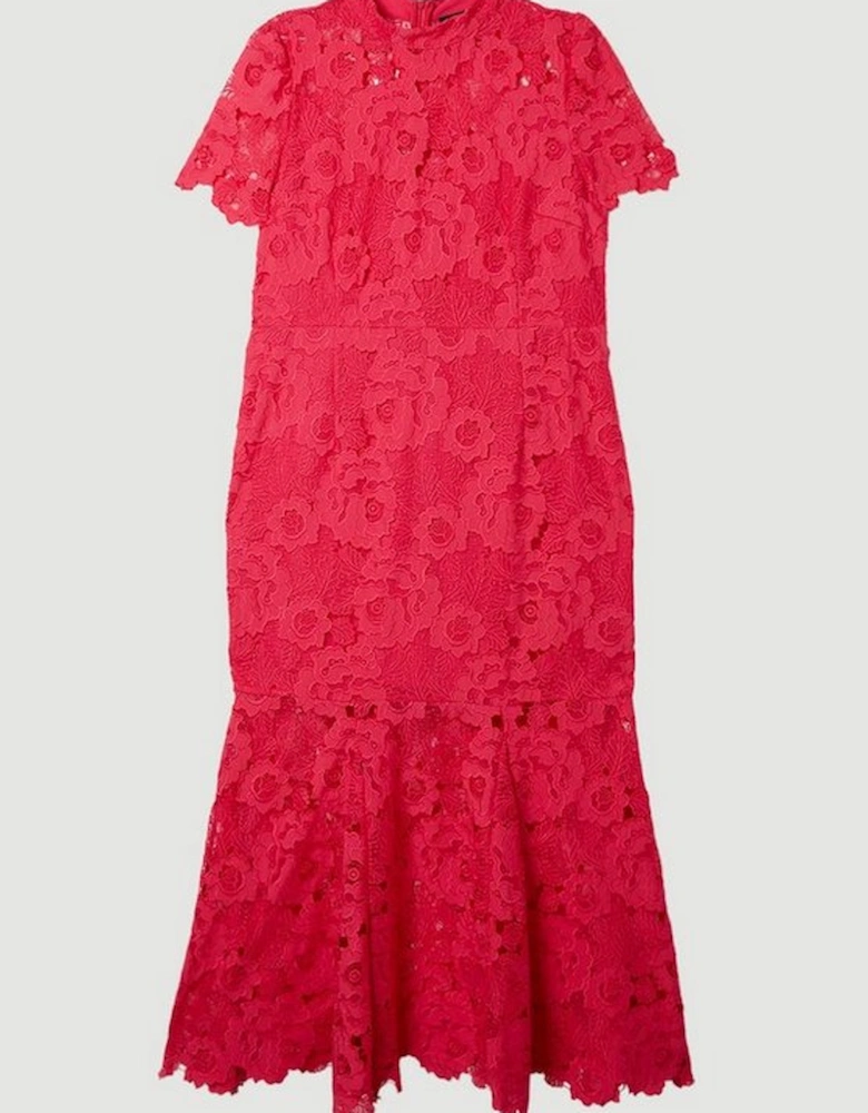 Plus Size Guipure Lace High Neck Woven Midi Dress