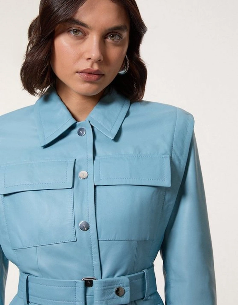 Leather Belted Shoulder Detail Tailored Jacket