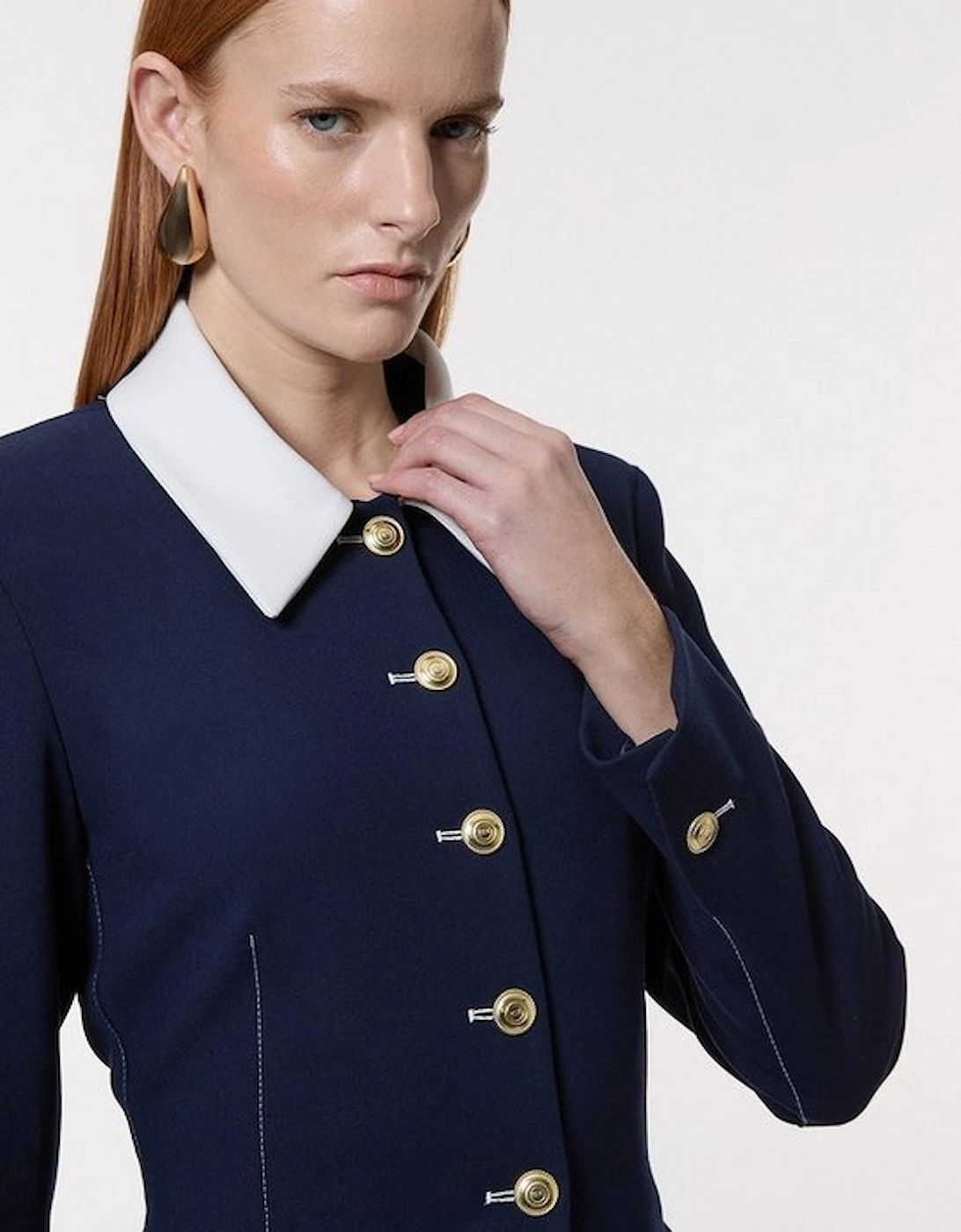 Compact Stretch Tailored Contrast Collar Single Breasted Longline Jacket