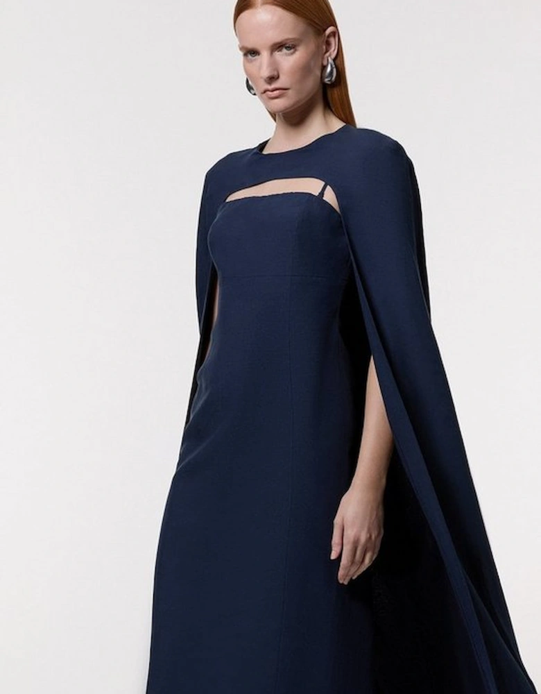 Premium Tailored Linen Drama Cape Midi Dress