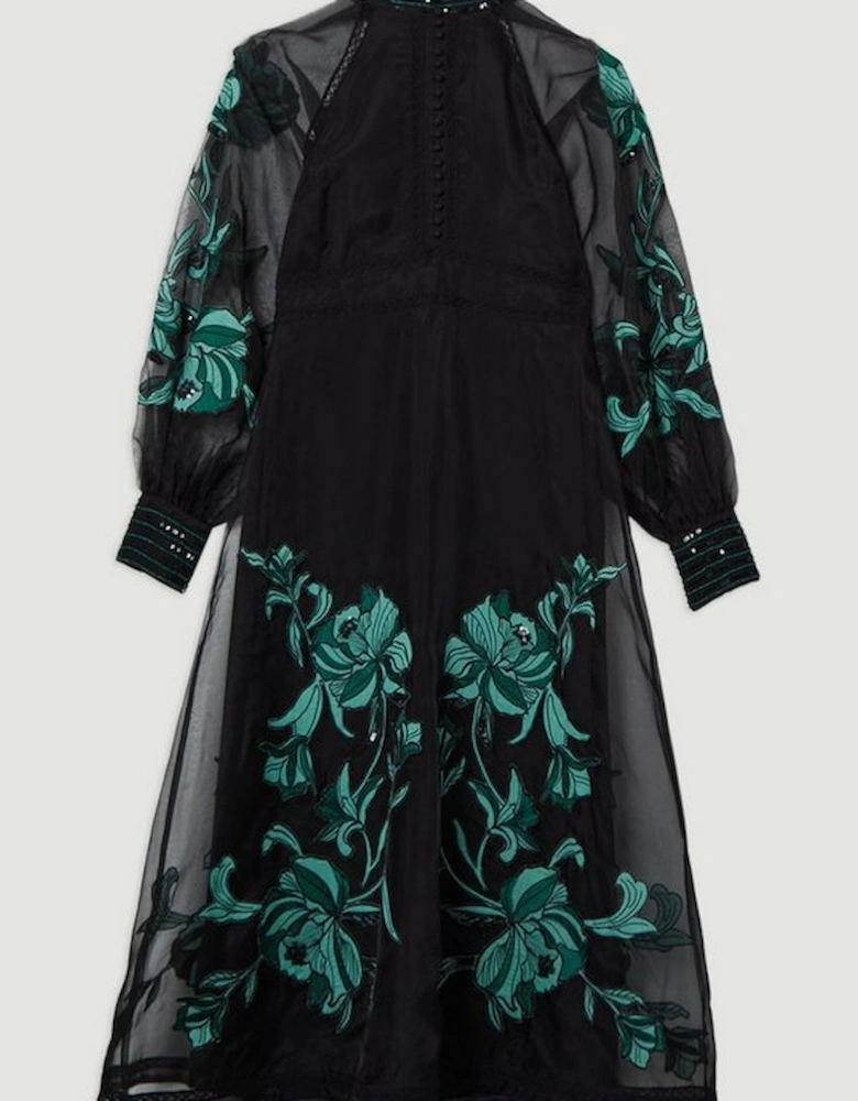 Floral Embroidery Organdie Woven Midi Dress