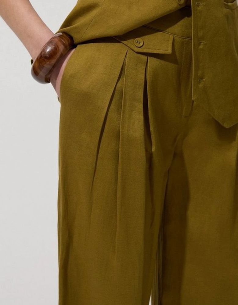 Viscose Linen Pleat And Pocket Detail Woven Straight Leg Trouser