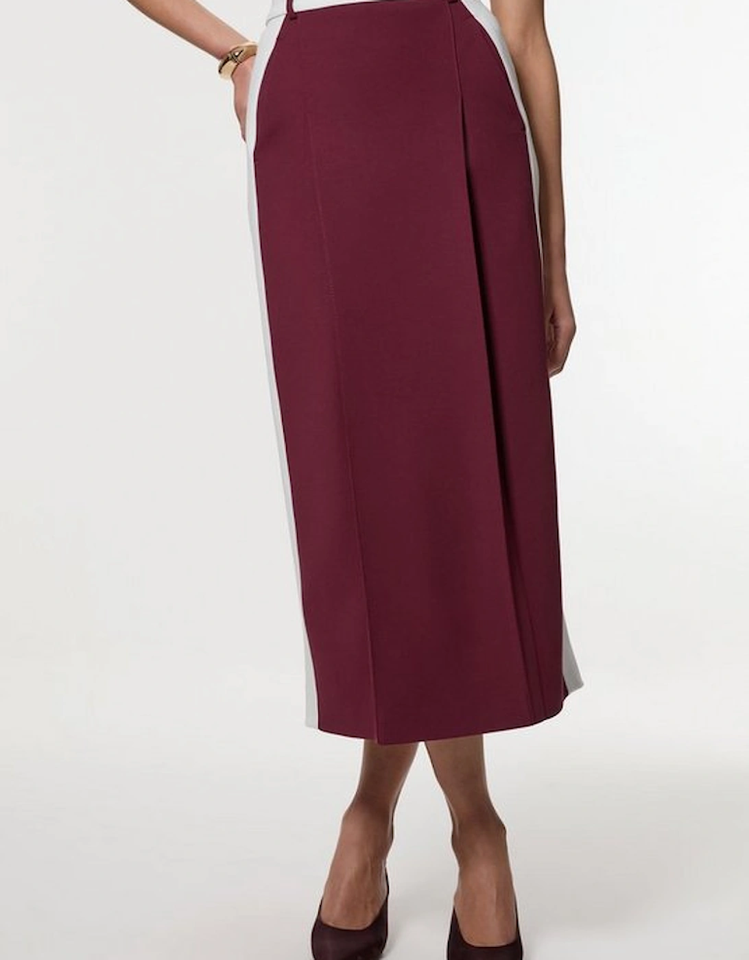 Compact Stretch Contrast Waistband Pencil Midi Skirt