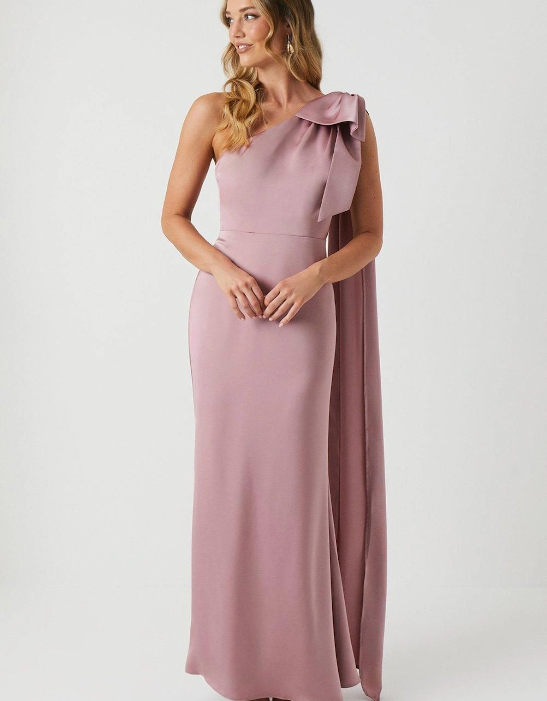Bow And Drape Detail One Shoulder Satin Bridesmaid Dress, 2 of 1