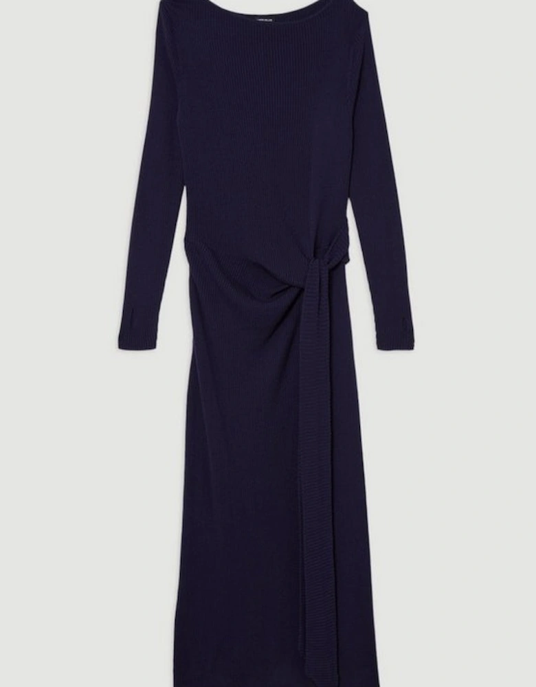 Wool Tencel Ribbed Knit Tie Detail Maxi Dress