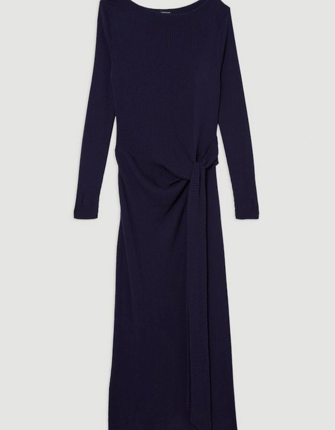 Wool Tencel Ribbed Knit Tie Detail Maxi Dress