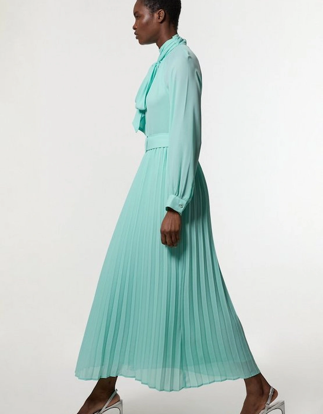 Georgette Tie Neck Woven Belted Maxi Dress