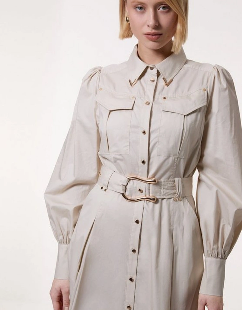 Cotton Sateen Collar Detail Woven Midi Shirt Dress