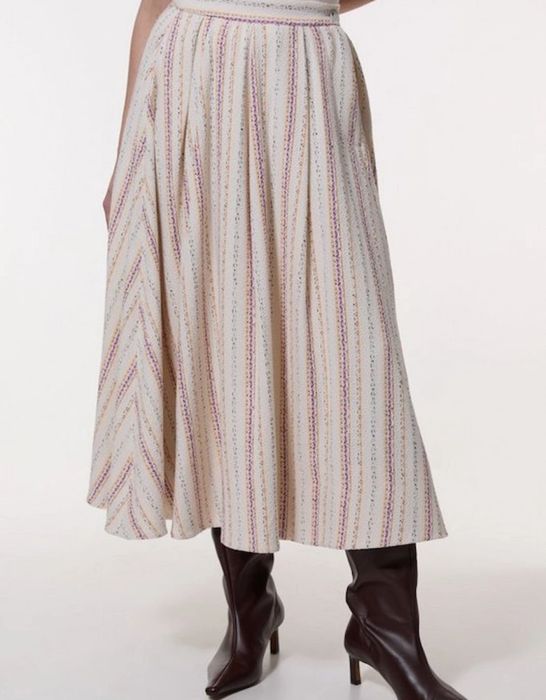 Premium Woven Stripe Tailored Pleated Midi Skirt