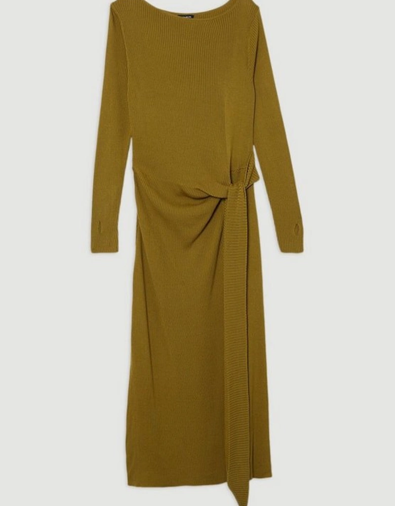 Wool Tencel Ribbed Knit Tie Detail Maxi Dress