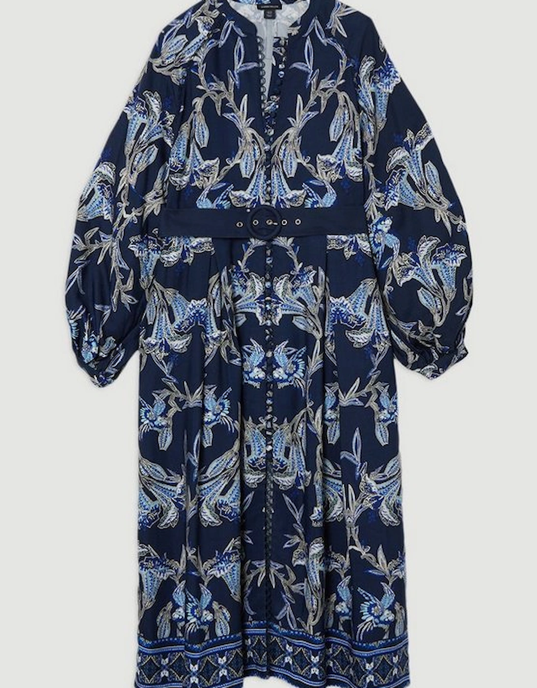 Plus Size Viscose Linen Mirrored Floral Belted Woven Maxi Dress