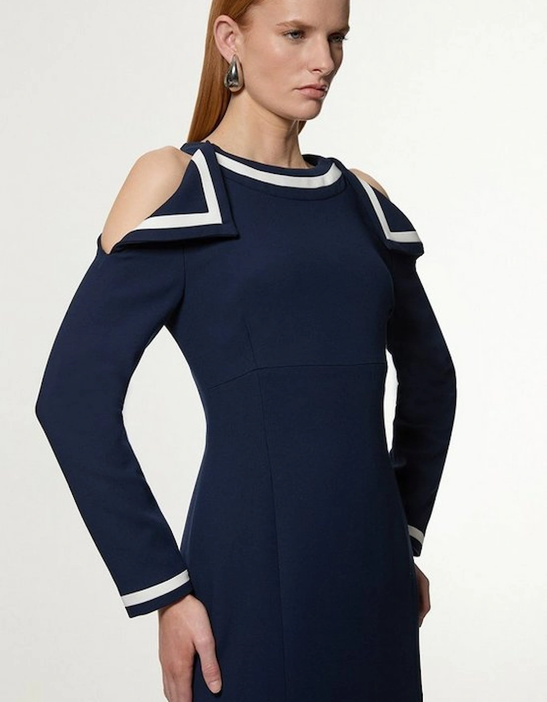 Compact Stretch Contrast Tipped Bardot Tailored Midi Dress