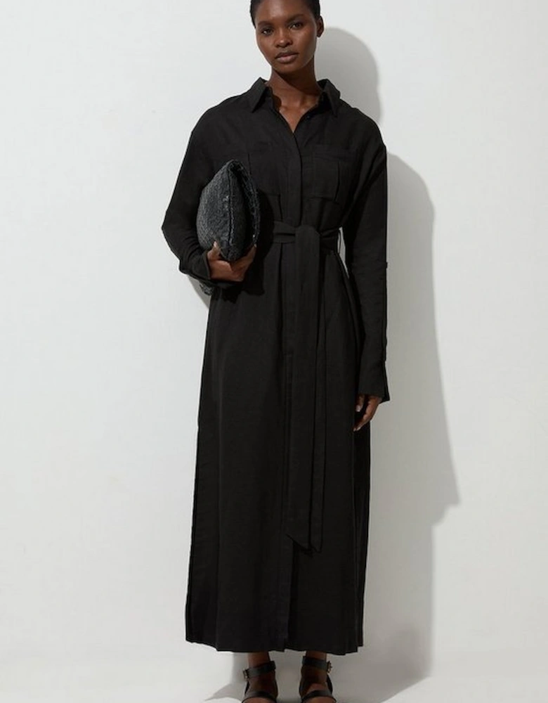 Viscose Linen Woven Belted Shirt Dress