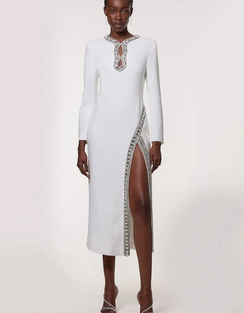 Cut Out Crystal Embellished Woven Midi Dress