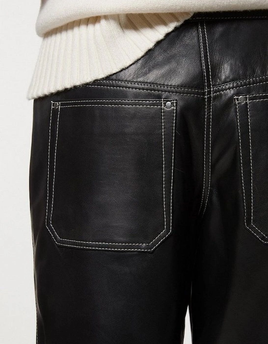 Leather Contrast Stitch 5 Pocket Straight Leg Jeans