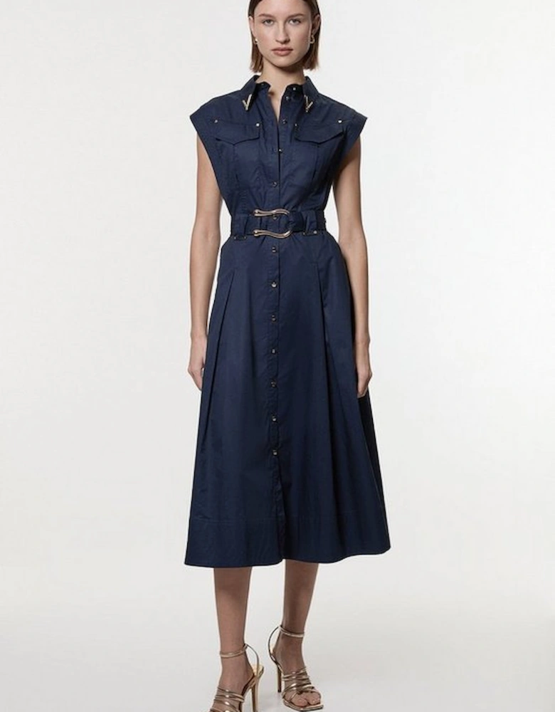 Cotton Sateen Utility Top Stitch Detail Woven Dress With Gold Hardware